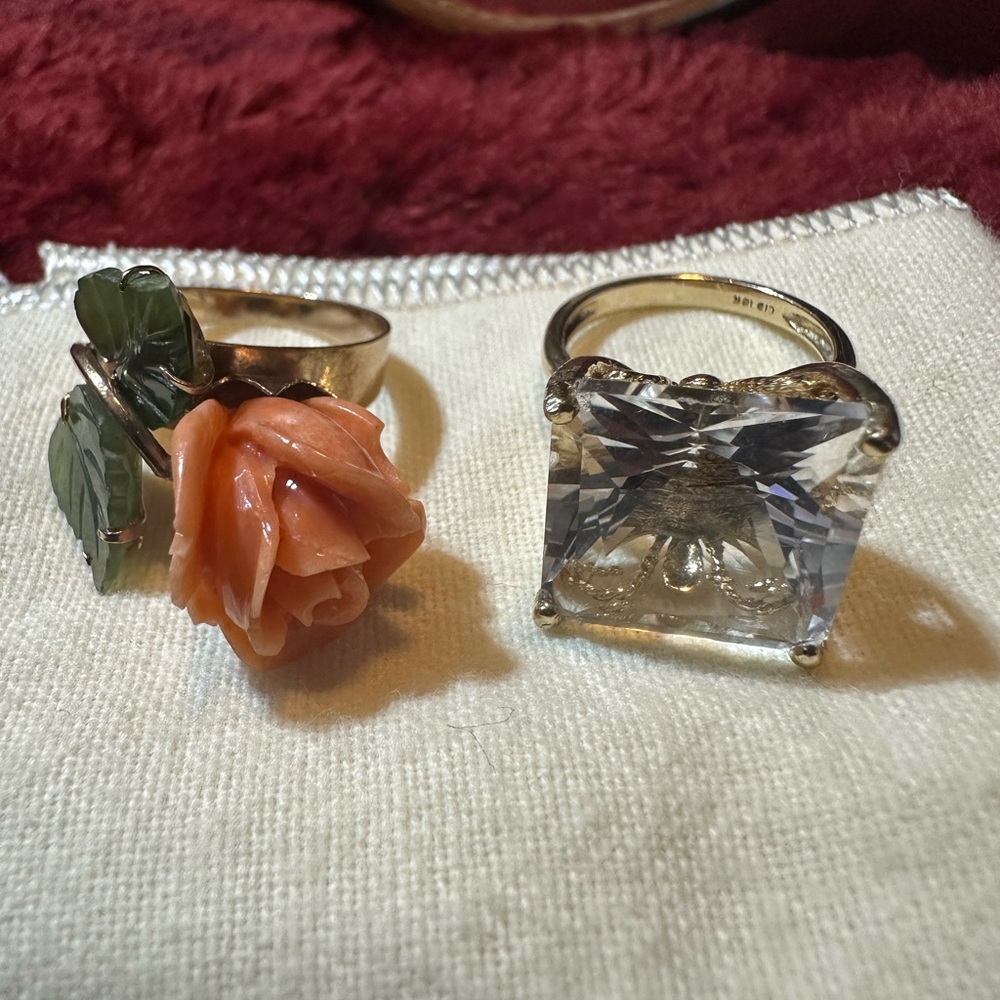 Vintage 14k carved coral rose ring and Huge zirconia 10k ring